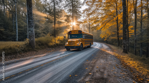 A yellow school bus rides along a forest road.