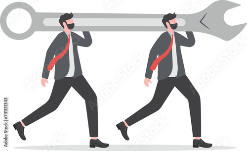 Fix business problem, help resolve problem, improve business in downturn or crisis management concept, smart businessman carrying big wrench metaphor of fixing problem.

