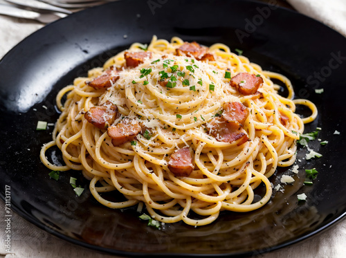 Spaghetti Carbonara with bacon and parmesan on black plate, top view