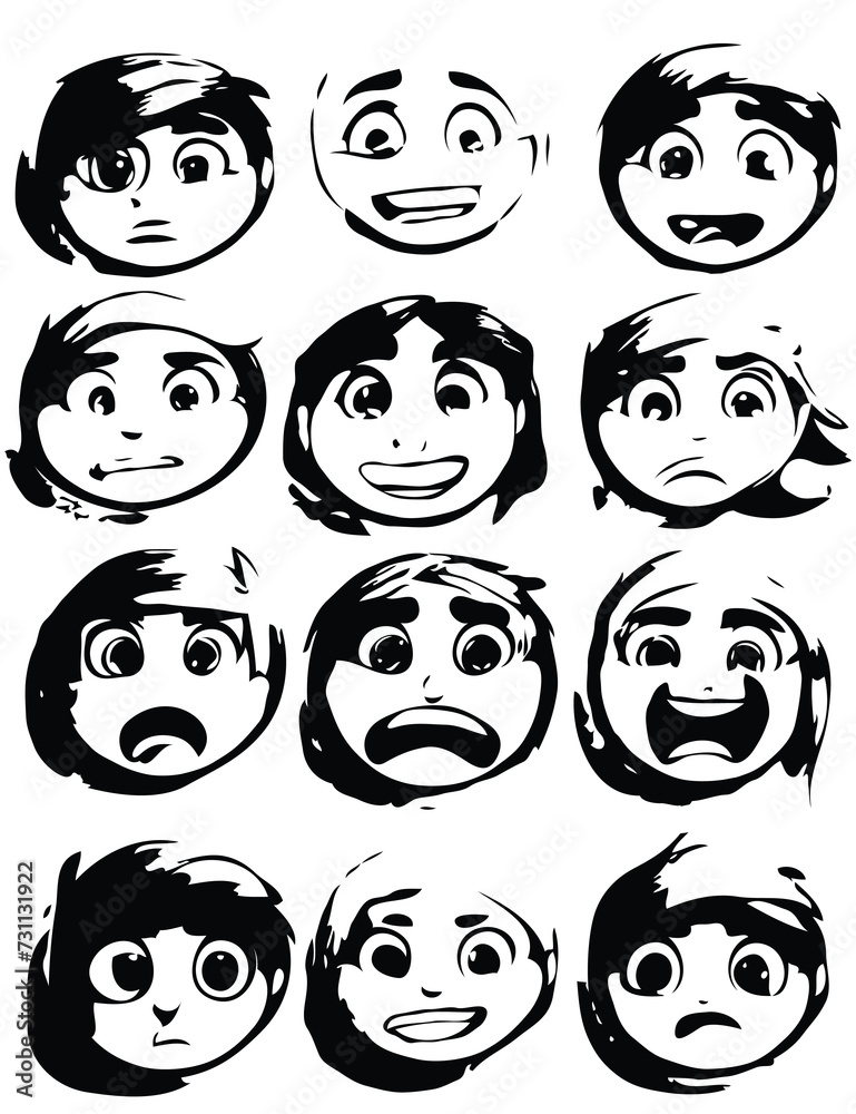 Round abstract comic Faces with various Emotions. Crayon drawing style ...