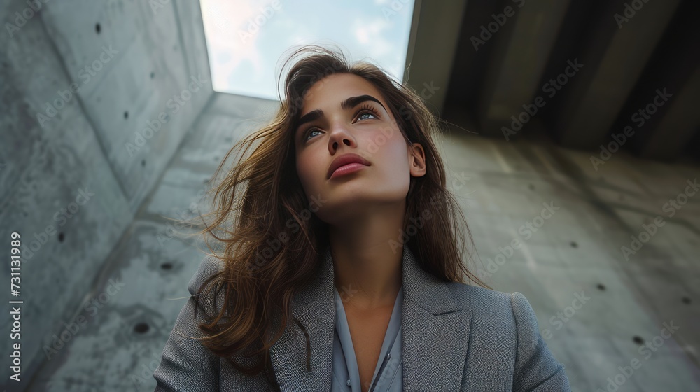 Fototapeta premium Downward perspective of a brown-haired businesswoman wearing a grey blazer looking forward, industrial background. Created with Generative AI.