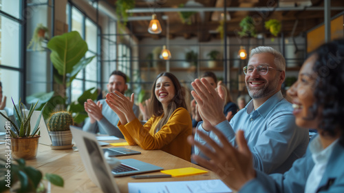 Business professionals celebrating sales target achievement with applause, cheers, and praise during a meeting. Motivating success for both men and women in the office. 