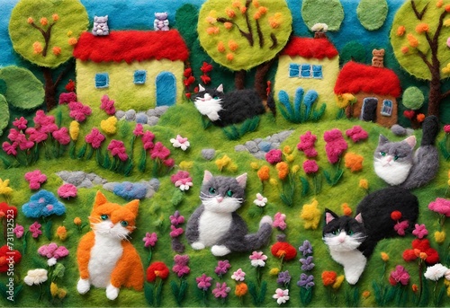 Wallpaper Mural view of a meadow with cats playing in front of the house  Among the flowers and trees, felt art Torontodigital.ca