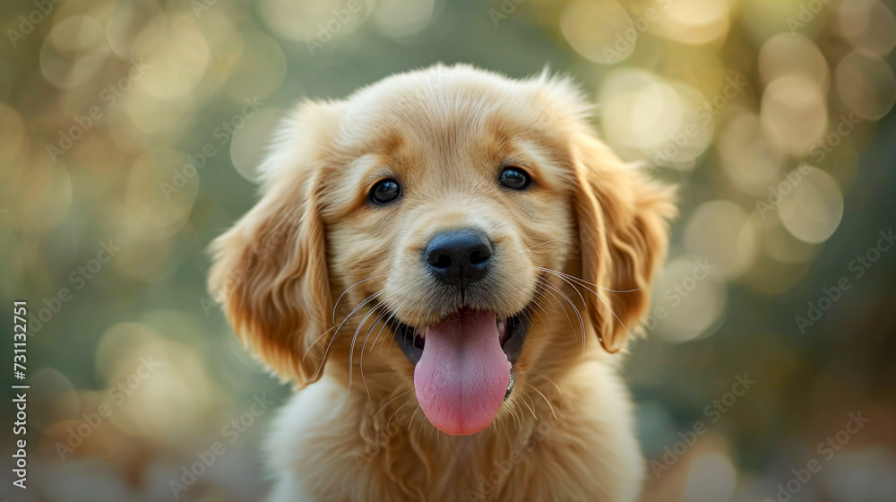 A sweet smile of a happy Labrador puppy on the background of a light side. A charming portrait with a picture of a head and a space for adding text.