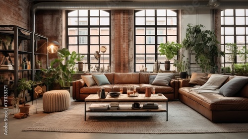 Loft style apartment with a cozy living room furnished with an eco leather sofa, plants, and boho chic decor. © Vusal