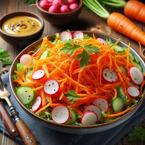 Salad of fresh grated carrots and green radish with sauce