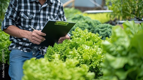 Man inspects and records quality of green lettuce in greenhouse cultivation. The gardener's keen eye examines green lettuce up close.