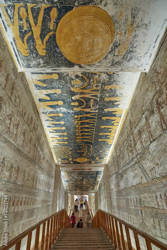 Entrance corridor, which is richly decorated by murals and hieroglyphsof, of the tomb of Ramsses V and VI in the valley of Kings in Luxor in Egypt