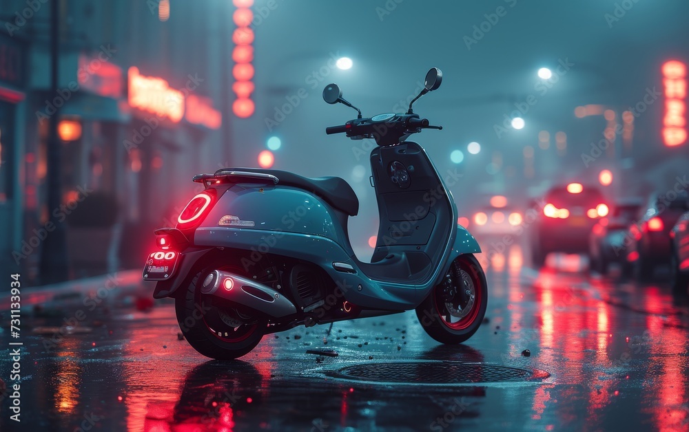 A vibrant red scooter stands parked on a glistening wet street, its sleek automotive lighting illuminating the rainy city night and reflecting off the slick tire and wheel, hinting at the thrill and 