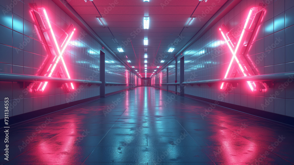 Empty underground passage with a red letter X that prevents movement - disease X - obrazy, fototapety, plakaty 