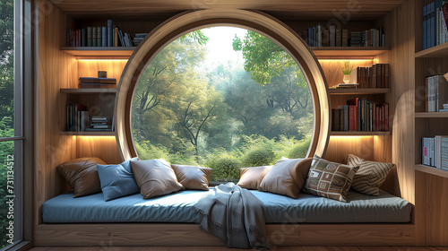 Cozy reading nook with wall-lined bookshelves and round window into a green garden. photo