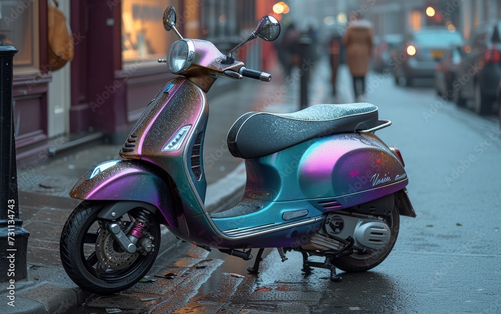 Vibrant moped stands out against the dreary cityscape, its sleek design and bold colors a symbol of freedom and adventure