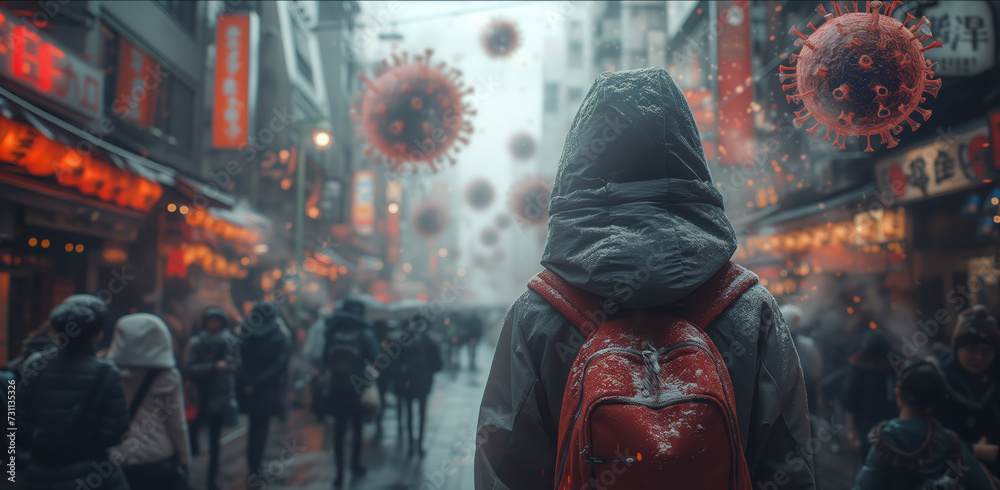 Frightened crowd of people in panic amid explosion of new Virus X or ...
