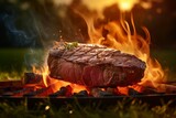 Sizzling grilled steak. capturing the scenic delight on green meadow with cinematic realism