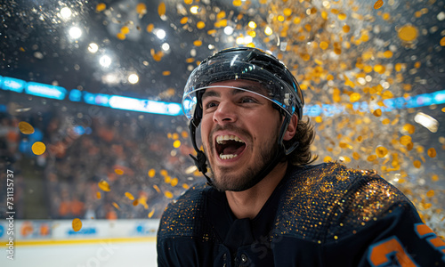 Ice hockey players celebrating their win in a championship - arena with a big crowd and raining gold confetti