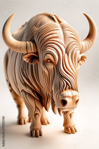 Fantastic Wooden Creatures Series - Carved Wooden Buffalo Sculpture on neutral background