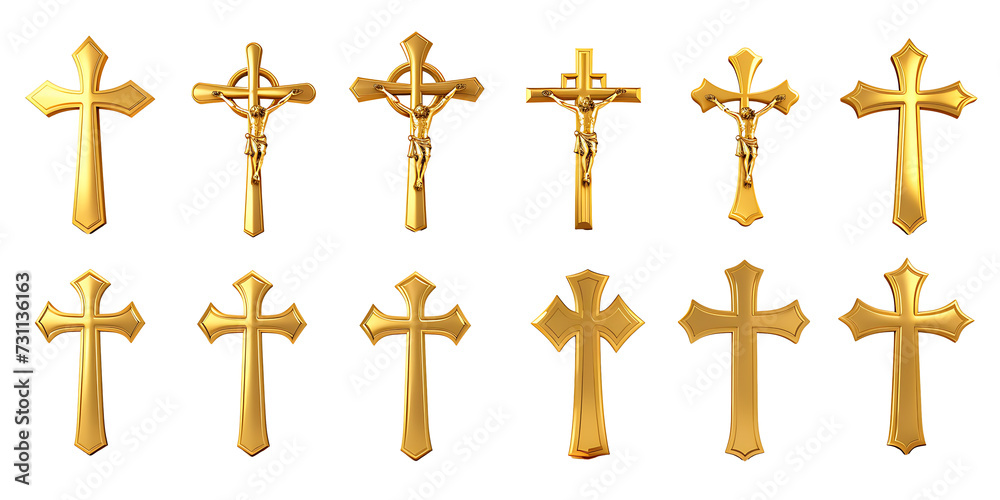 Set of golden crosses on transparent background PNG