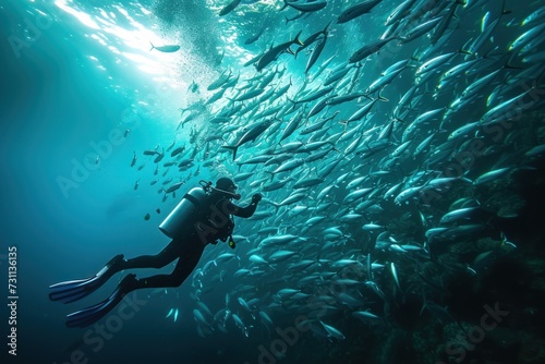 Person Scubas in Water Surrounded by Fish