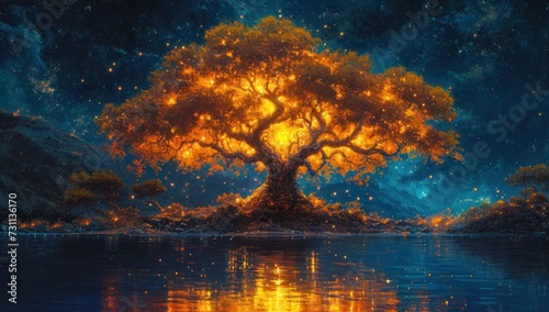 A large living tree emits dramatic sparkling light energy with fireflies in the area beside a flowing river, great for background, business, wallpaper, inspiration etc. Generative Ai © callmeers