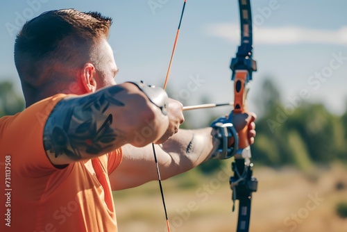 Man with prosthetic arm practicing archery outdoors