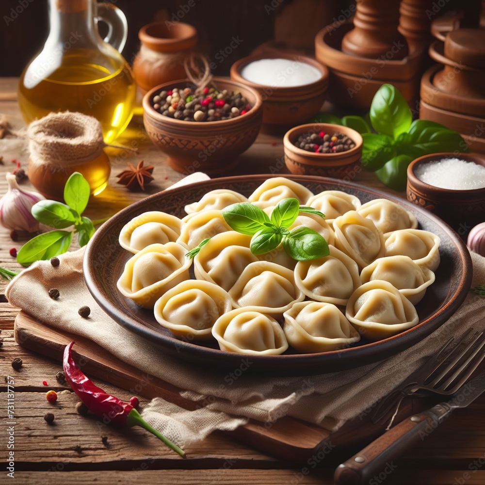 Traditional pelmeni, ravioli, dumplings filled with meat on plate, russian kitchen