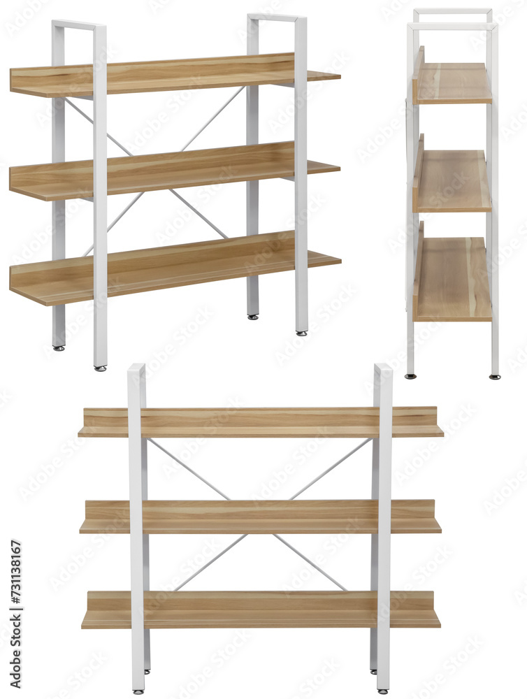 Stylish and modern shelving with wooden shelves for home or office. Isolated from the background. Interior element. From different angles Stylish and modern shelving with wooden shelves for home or office. Isolated from the background. Interior element. From different angles