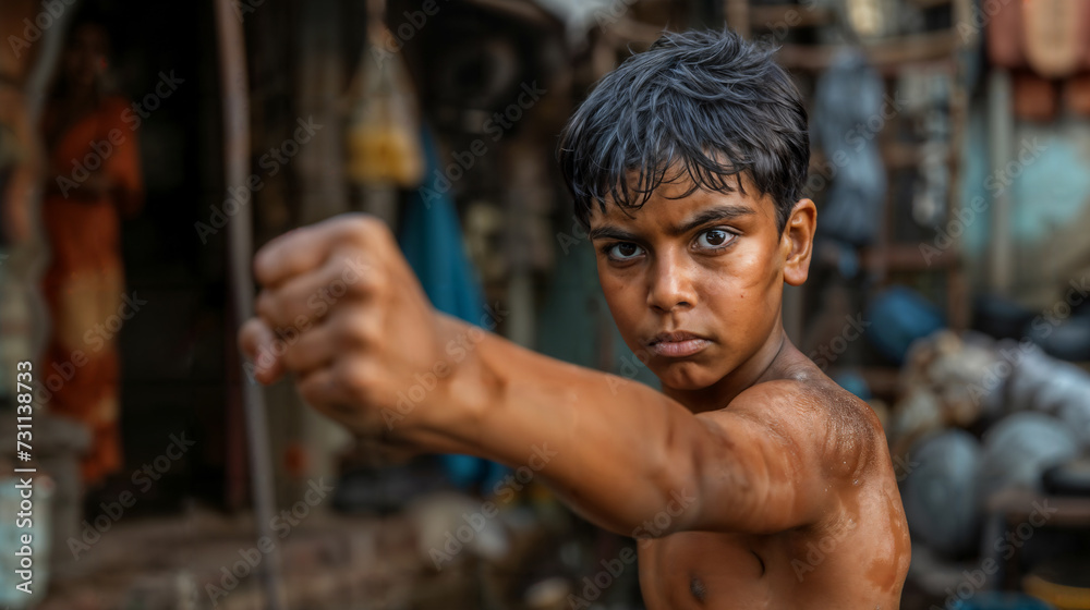 Determined Boy Preparing for Fight. Generative AI