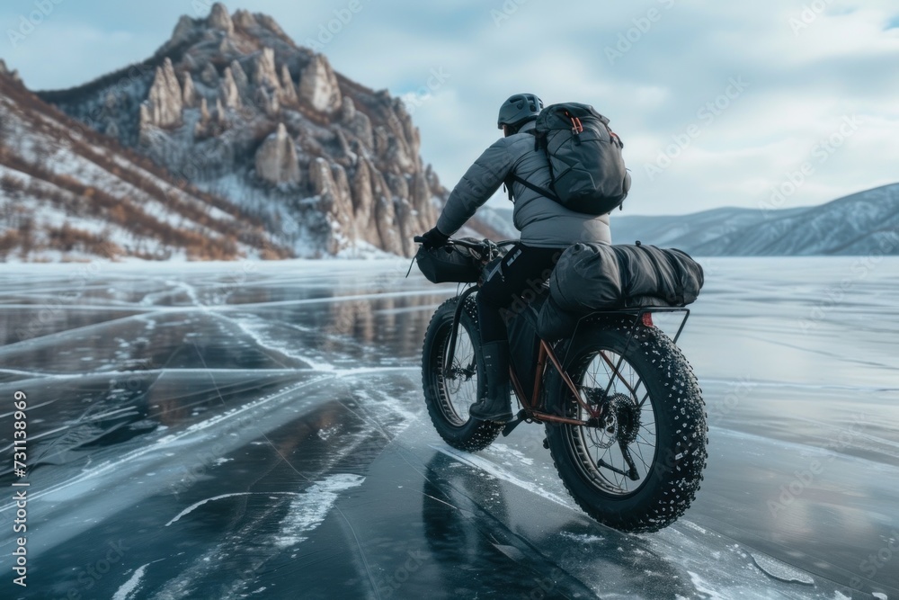 Man Riding Motorcycle Across Frozen Lake