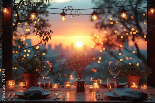 A romantic outdoor dinner under a tree, surrounded by warm candlelight and the cool night sky, as the sunrise lights up the street and a car passes by in the distance