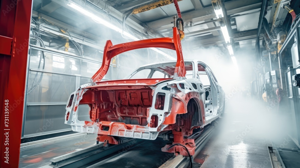 AI technology of E-coat painting in room applying spray painting or power coating, robot arm, painting and coating in motion, Ai technology of painting concept background, AI generated