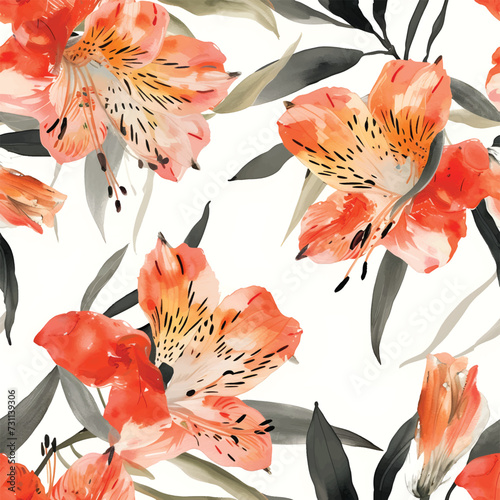 Vector seamless pattern with orange or Peruvian Lily flowers. Floral background, wallpaper.