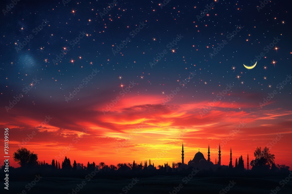 Ramadan Kareem's background with mosque and copy space. Islamic greeting card template with Ramadhan theme for wallpaper design. Poster, media banner. Ramadan Kareem's background with mosque and copy space. Islamic greeting card template with Ramadhan theme for wallpaper design. Poster, media banner.