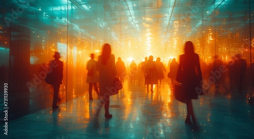 Amber light cascaded over a group of people, enveloping them in a warm glow as they walked through the night, their silhouettes dancing against the walls