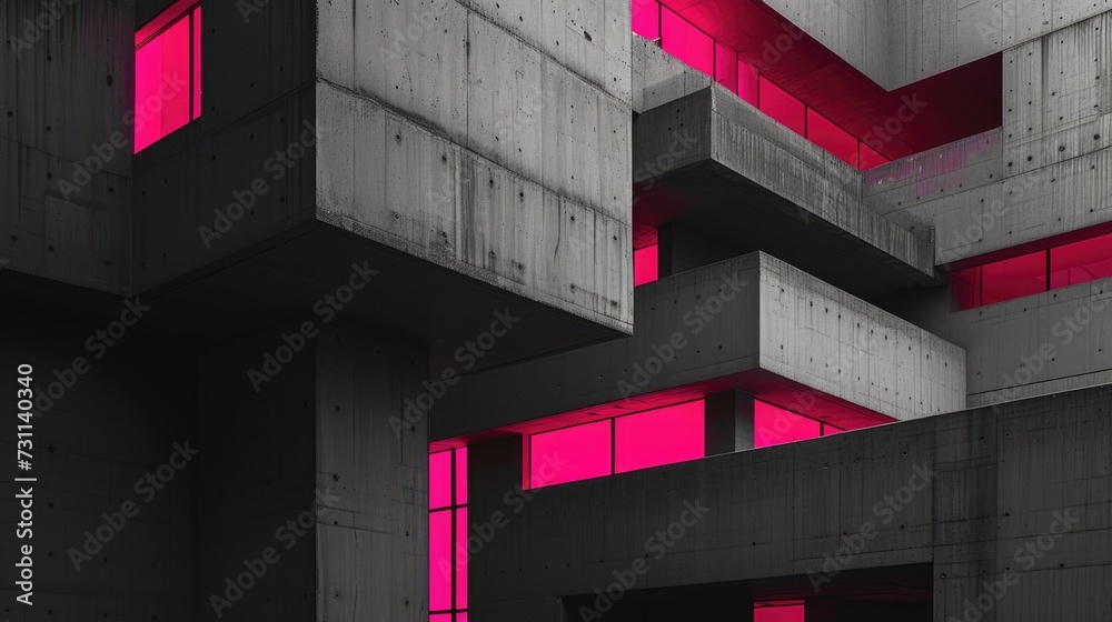 Fototapeta premium Generative AI, brutalism style concrete building, pink and grey colors, in the style of neo-concretism, midcentury modern exterior