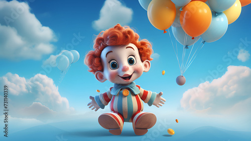Doll toy red-haired boy - cheerful, smiling, in striped clothes, next to a bunch of balloons. In cartoon style. On a blue background