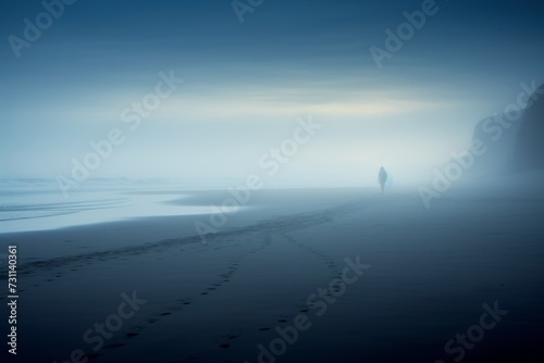 Silhouette of a lone figure disappearing into the mist on an empty beach