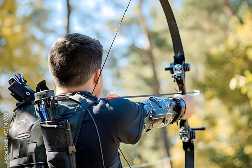 Man with prosthetic arm practicing archery outdoors