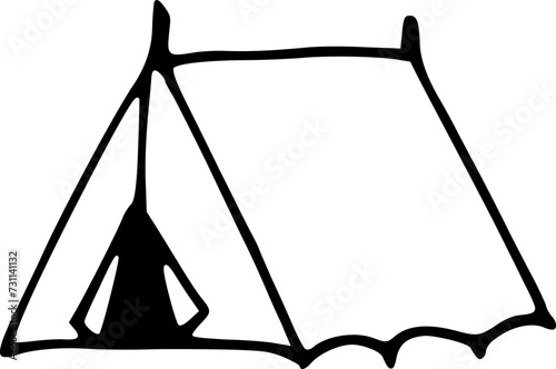 Hand drawn tent isolated on background. Black white icon. Vector doodle illustration. Outdoor camping or travel clipart for cards, web.