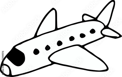 Hand drawn plane, aircraft isolated on background. Black white airplane vehicle icon. Vector doodle illustration. Travel, vacation and transportation clipart for cards, web.