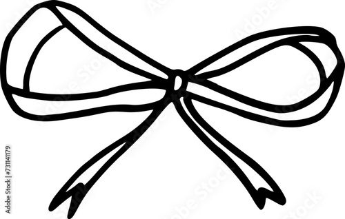 Hand drawn textile ribbon isolated on background. Black white bow icon. Hand drawn vector doodle illustration. Decor, surprise, gift concept. Clipart for cards, web.