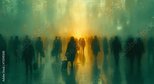 A serene art installation in an outdoor foggy setting, where a group of people are reflected in the water as they walk towards a mysterious light