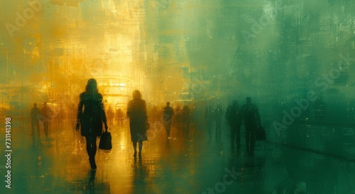 A vibrant painting captures the beauty and melancholy of a group of individuals walking down a rain-soaked street, their reflections mirroring their thoughts as they contemplate the art of living