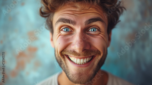 Portrait of young man with funny facial expression. Forced smile with closed teeth. photo