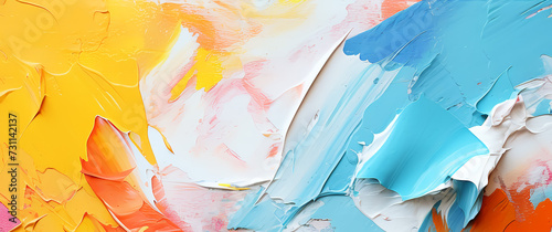 Abstract colorful oil painting on canvas. Oil paint texture with brush and palette knife strokes. Multi colored wallpaper. Macro close up acrylic background. Modern art concept. Horizontal fragment