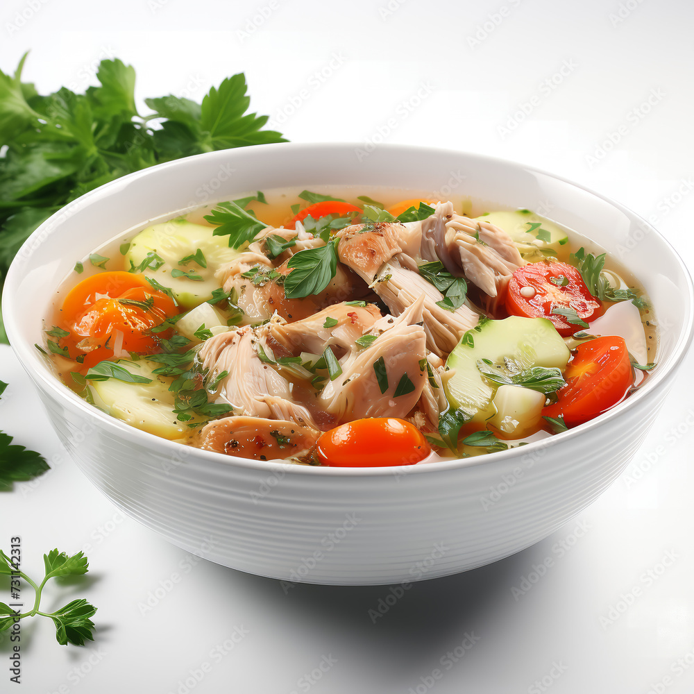 Homemade chicken vegetable soup in a white bowl, Side view isolated on a white background. - Homemade chicken vegetable soup in a white bowl, Side view isolated on a white background. -