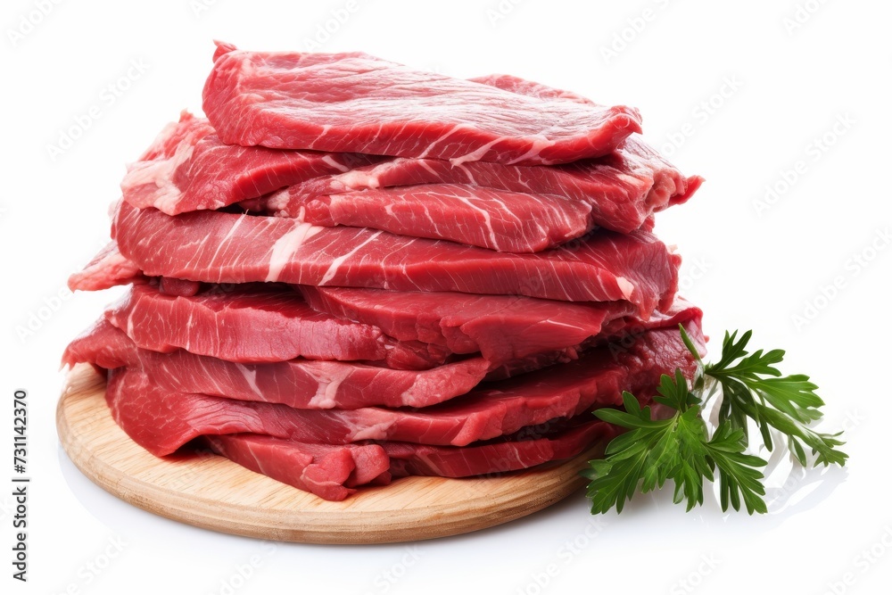 Pieces of raw roast beef meat isolated on white background. Raw meat, cut into pieces Pieces of raw roast beef meat isolated on white background. Raw meat, cut into pieces
