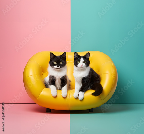 Two black and white cats are sitting in a yellow sofa on a pastel pink blue background.