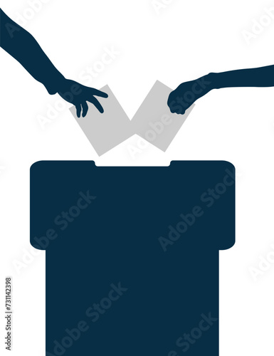 Human hands putting vote bulletin into ballot box, silhouette. Election day. Vector illustration