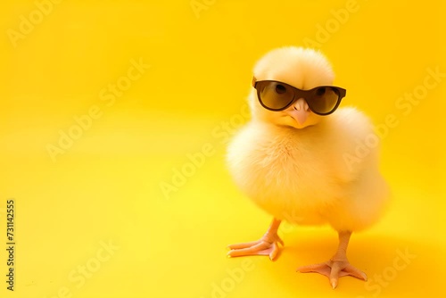 A fluffy yellow chick with stylish sunglasses standing on a vibrant yellow background. photo