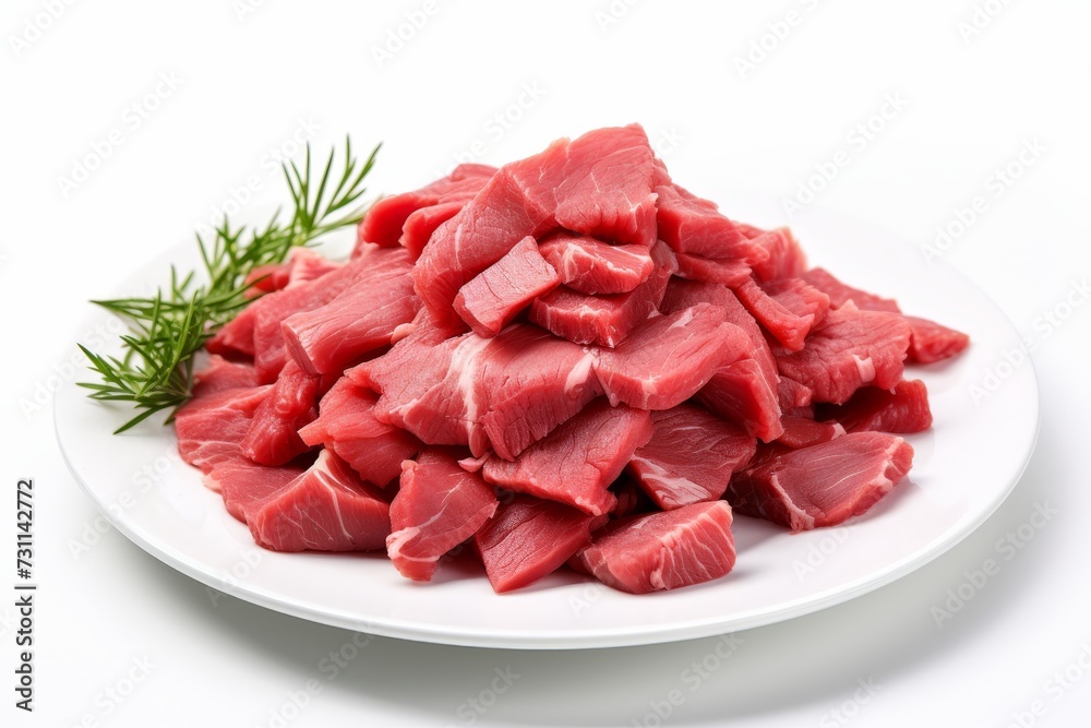 Pieces of raw roast beef meat isolated on white background. Raw meat, cut into pieces